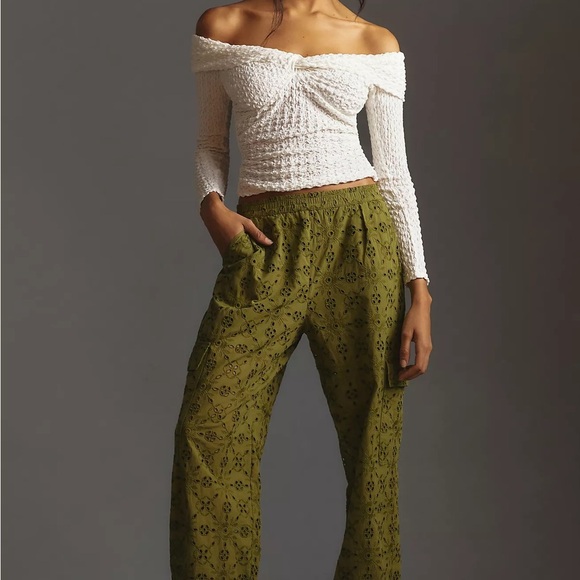 Anthropologie Women’s Eyelet Cargo Jogger Pants Army Green Cotton Pocket Size SP - Picture 3 of 10